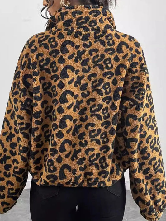 Leopard Zip Up Long Sleeve Jacket - Stylish Basic Layer for Every Season