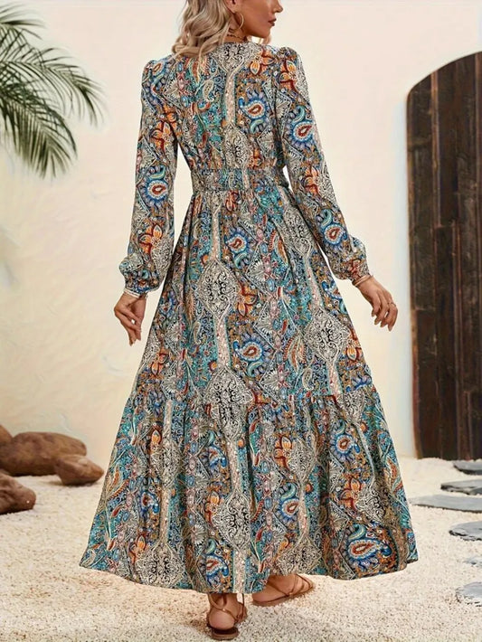 Remaxiwear Printed Tie Neck Maxi Dress - Long Sleeve, Opaque Style