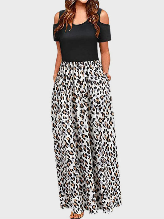 Leopard Round Neck Cold Shoulder Dress - Opaque, Slightly Stretchy Style