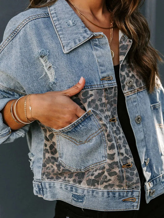 Leopard print fashion print patchwork ripped denim top casual jacket