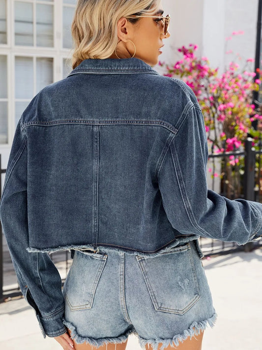 Denimation Button-Up Long Sleeve Denim Jacket - Stylish Navy with Pockets