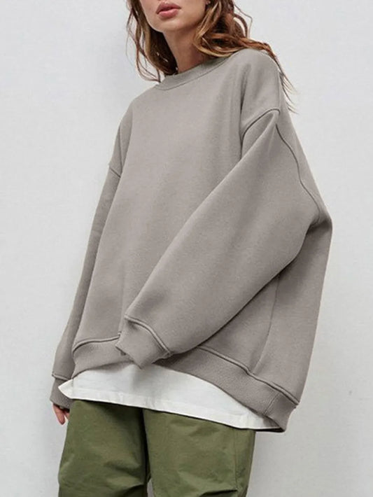 Women's Solid Color Round Neck Pullover Sweatshirt - Long Sleeve Fleece