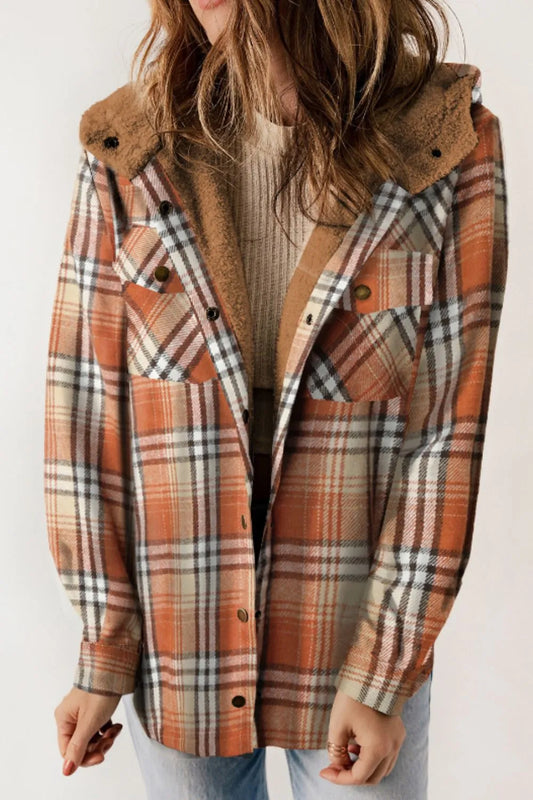 Plaid Button Up Hooded Jacket - Long Sleeve, Normal Thickness for Comfort