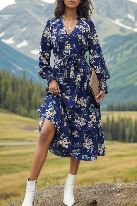 Perfee Dark Blue Floral Midi Dress - V-Neck, Notched Lantern Sleeve