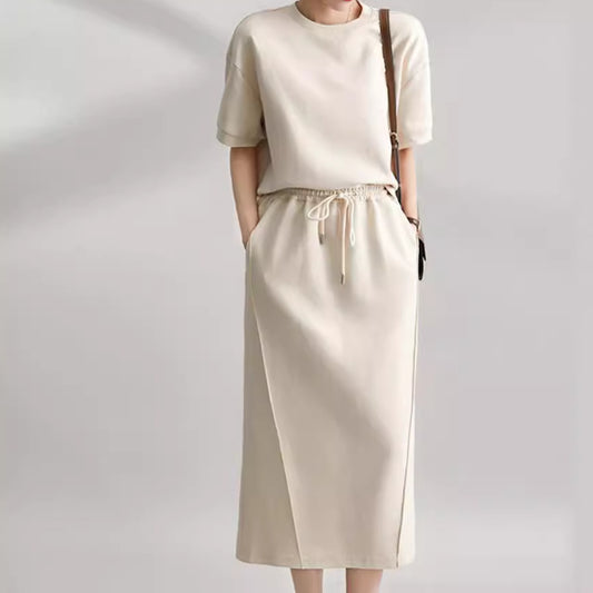 Women's Cotton Two-Piece Set - Short Sleeve Top & Long Skirt