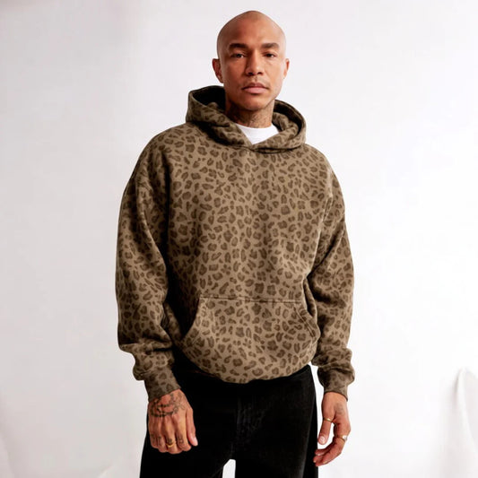 Retro Leopard Print Hooded Sweatshirt - Casual Loose Fit for Men