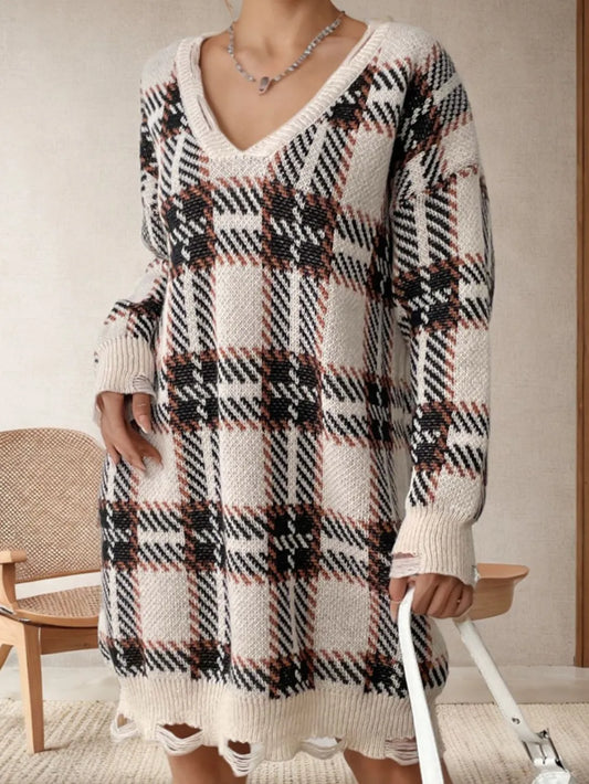 Distressed Plaid V-Neck Sweater Dress - Long Sleeve & Stretchy Fit
