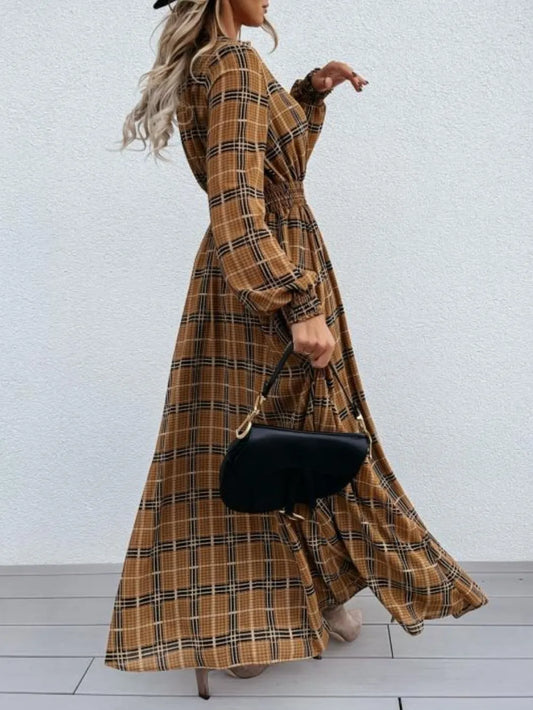 RemaxiWear Slit Plaid Maxi Dress - Elegant Tie Neck Long Sleeve Style