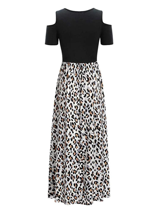 Leopard Round Neck Cold Shoulder Dress - Opaque, Slightly Stretchy Style