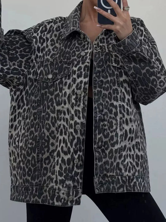 Denimation Leopard Button-Up Denim Top - Long Sleeve & Pocketed Style