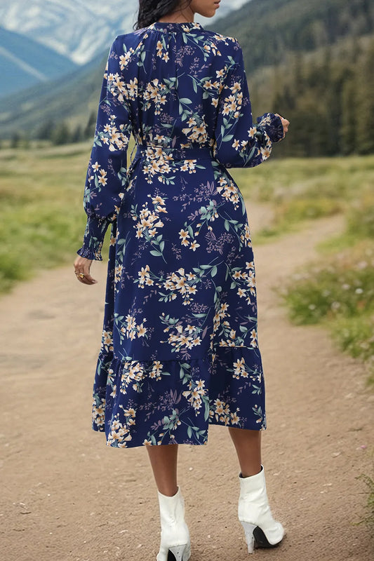 Perfee Dark Blue Floral Midi Dress - V-Neck, Notched Lantern Sleeve