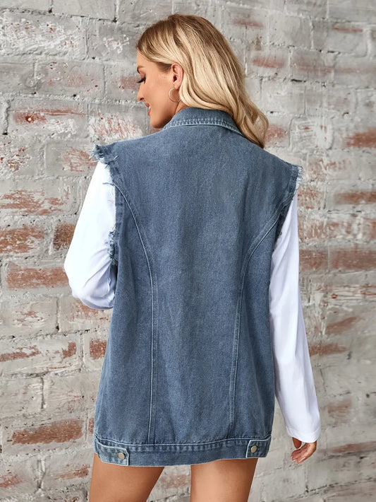 Raw Hem Sleeveless Denim Jacket - Casual Button Up, Black & Dusty Blue
