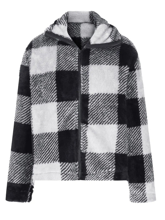 Stylish Plaid Zip Up Long Sleeve Jacket - Casual Polyester for Everyday